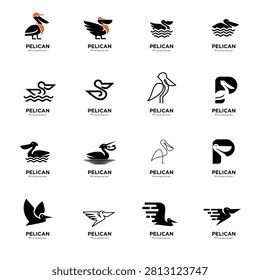 Modern pelican logo collection. Diverse abstract and minimalist bird icons suitable for branding, businesses, or design projects. Vector illustration.