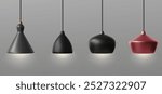 Modern pendant chandelier for ceiling light vector. 3d hang lamp for home interior in black and red. Realistic hanging shade on long cable for loft studio decoration. Fancy industrial luminary object