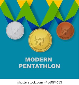 Modern pentathlon sport icon on medal award set with Brazilian color theme designed of ribbon in vector illustration 