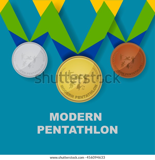 Modern\
pentathlon sport icon on medal award set with Brazilian color theme\
designed of ribbon in vector illustration\
