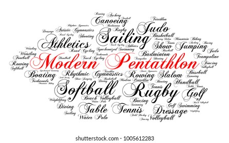 Modern Pentathlon. Word Cloud , Elegant Cursive Font, White Background. Summer Sports.