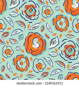 Modern Peony Blossom And Leaves Vector Seamless Pattern Background. Cottage Flower Blue Orange Backdrop. Hand Drawn Line Art Outline Botanical Design. Garden Flower Cottagecore Aesthetic Style Repat