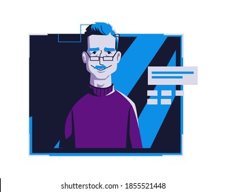 Modern people avatar in casual clothes, vector cartoon illustration. Man with individual face and hair, in light digital frame on dark blue computer background, picture for web profile