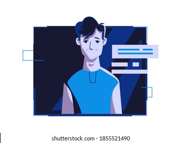 Modern people avatar in casual clothes, vector cartoon illustration. Man with individual face and hair, in light digital frame on dark blue computer background, picture for web profile