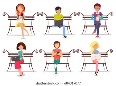 Modern people with compact tablet, powerful laptop, multifunctional smartphone and loud headphones sit on wooden bench vector illustrations set.