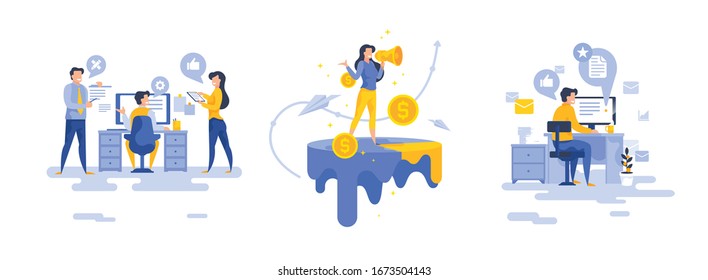Personas modernas que realizan varios trabajos de oficina conjunto de ilustraciones vectoriales de dibujos animados planos de hombres y mujeres que promueven inversiones financieras contemporáneas y trabajan en diversos proyectos de oficina