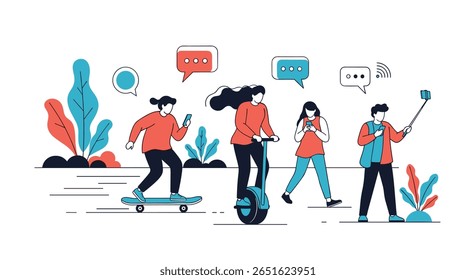 Modern people engage in mobile communication and use electric personal transport devices outdoors enjoying a sunny day with stylized plants and blue sky
