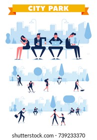 Modern people with gadgets sit on the bench in the park. People walking on the park. City skyline on the background. Flat vector illustrations set, elements for infographics.
