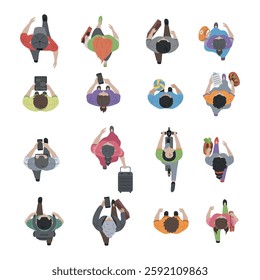 Modern people going with different elements top view set vector flat illustration. Man and woman walking movement carrying bag tablet shopping ball smartphone suitcase kick scooter backpack