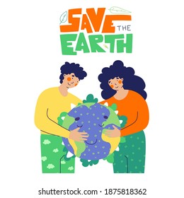 Modern people are holding globe, Simple flat vector illustration. Save earth hand lettering. Earth day.