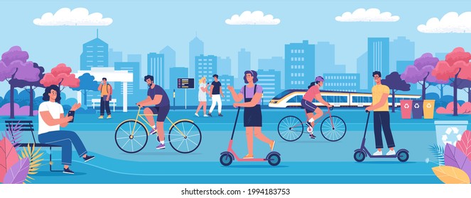 Modern People Lifestyle In The Colorful Eco City. Ecological Public Transport, Modern Speed Train, Bicycles, Scooters And Walking Citizens Vector Illustration 