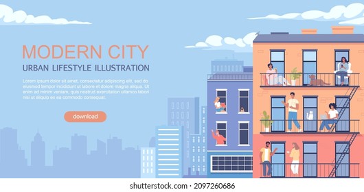 Modern people living in the city. Urban lifestyle cartoon template illustration