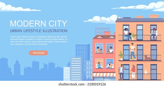 Modern people living in the city. Urban lifestyle cartoon template illustration	