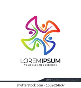 Modern people logo gather. Abstract symbol concept of community, reunion, business, foundation, community, human caring, people group, social relationship icon, charity logo design.