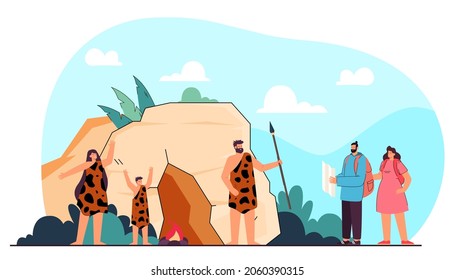 Modern people meeting aborigines flat vector illustration. Surprised modern humans meeting native people wearing animal skins. Wildlife, tourism, concept for banner, website design or landing web page