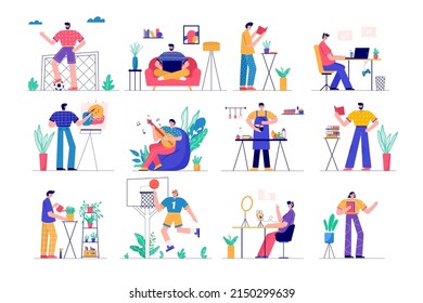 Modern people playing guitar, read book, gardening, gaming, blogging, podcasting . Set of man and woman enjoying their hobbies, work, leisure. Vector illustration in flat cartoon style.