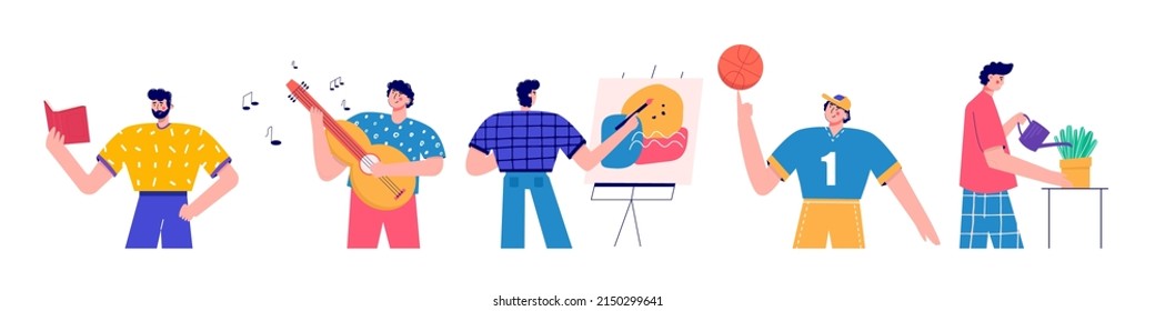 Modern people playing guitar, read book, gardening, painting. Set of man enjoying their hobbies, work, leisure. Vector illustration in flat cartoon style.