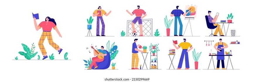 Modern people playing guitar, read book, gardening, cooking. Set of man and woman enjoying their hobbies, work, leisure. Vector illustration in flat cartoon style.