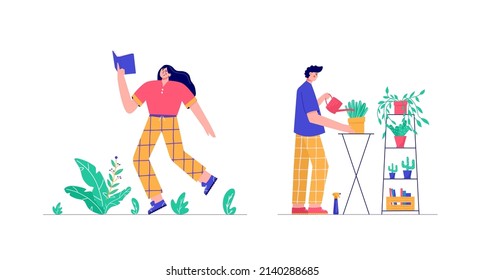 Modern people reading book, geardering, planting. Set of characters enjoying their hobbies, work, leisure. Vector illustration in flat cartoon style.