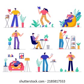 Modern people reading book, learning. Set of characters enjoying their hobbies, leisure. Vector illustration in flat cartoon style.