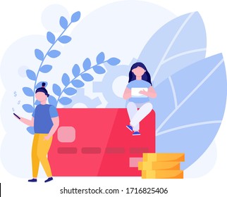 Modern people save money in mobile banking concept and vector illustration on white background. Wallet and accumulation of money. Female and male characters with gold coins. Flat style.