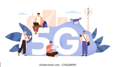 Modern people use wireless high speed internet vector flat illustration. Man and woman with smartphone, laptop, tablet and drone at cityscape telecommunication tower isolated on white. 5g concept