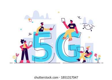 Modern people use wireless high speed internet vector flat illustration. Man and woman with smartphone, laptop, tablet and drone at cityscape telecommunication tower isolated on white. 5g concept