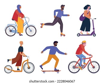 Modern people using alternative city transport such as bike, skateboard, roller blades and electric scooter. Urban man and woman set with eco friendly wheels.
