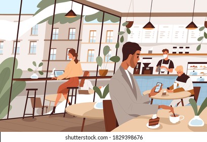 Modern people working or chatting sitting at tables in cafe vector flat illustration. Man and woman drinking coffee or tea, use smartphone and laptop. Social distance or leisure at cafeteria