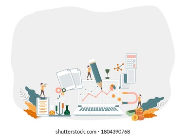 Modern people working in a team under start up new business project. Icons and symbols of business planning. Vector illustration.