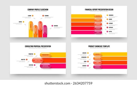 Modern Performance 4 5 3 4 Option Infographic Slideshow Template Bundle. Service Insight Four Five Three Four Element Diagram Slide Design Vector Illustration Collection.