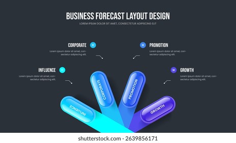 Modern Performance Presentation Template Vector Illustration. Enterprise Analysis 4 Element Infographic Slide Layout. Advertising Briefing Four Option Diagram Slideshow Design.
