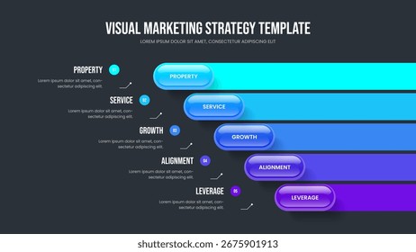 Modern Performance Slideshow Layout Vector Illustration. Professional Showcase 5 Element Diagram Frame Design. Creative Profile Five Step Infographic Presentation Template.