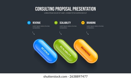 Modern Performance Three Element Diagram Frame Design. Service Portfolio 3 Step Infographic Slide Layout. Sales Analysis Slideshow Template Vector Illustration.