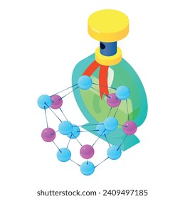 Modern perfume icon isometric vector. Blue bottle of perfume and molecule symbol. Parfum de toilette, aroma, perfumery