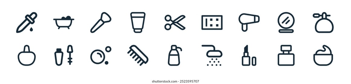 modern personal care icon pack. perfect for linear ui designs featuring vector moisturizer, perfume, lipstick, shower, shampoo, comb, bubble and more icons for mobile and web apps.