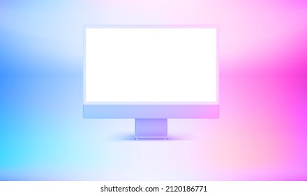 Modern personal computer with blank screen. 3d vector mockup with holographic effect