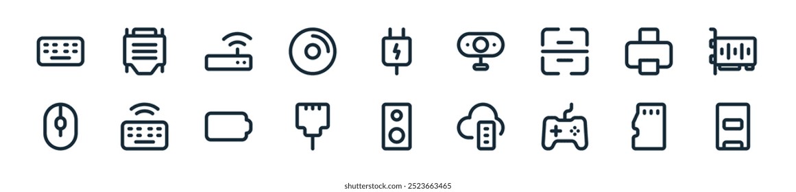 modern personal computer icon pack. perfect for linear ui designs featuring vector ssd,  , joystick, hosting, speaker, ethernet, battery and more icons for mobile and web apps.