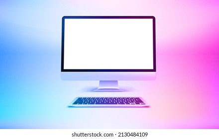 Modern personal computer with keyboard. 3d vector mockup with blank screen. Holographic effect