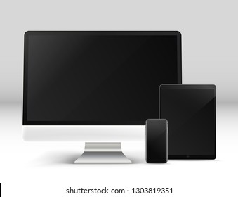 Modern personal computer and other gadgets on a table Vector photoreal front view illustration. Template for a content