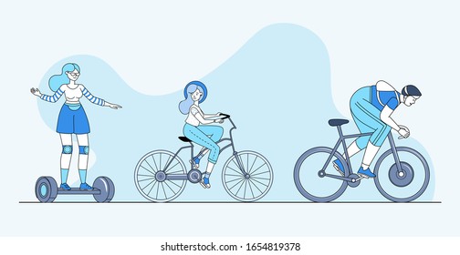 Modern personal transport vector banner concept. Young people riding on personal transportation gadgets, bicycles and self-balancing scooters. Eco-friendly urban wheels cartoon outline illustration.