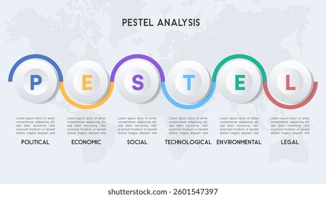 Modern PESTEL Analysis Infographic with Circular Elements and Colorful Connecting Lines on Light World Map Background Vector Illustration