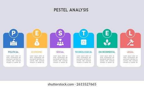 Modern PESTEL Analysis Infographic with Rounded Business Cards and Colorful Icons Vector Illustration