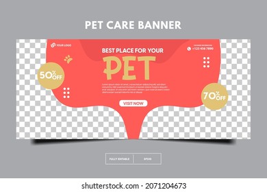 modern pet care horizontal lbanner, Pet care social media post Template or web banner template with space for a photo. Pet care service promotional banner ads design