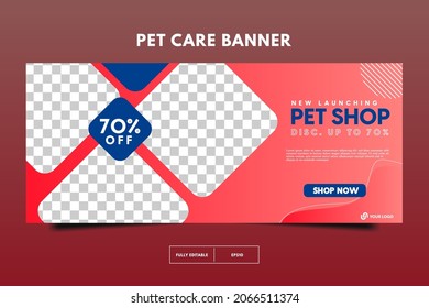 banner moderno de tienda de mascotas, publicación en medios sociales de cuidado de mascotas Plantilla o plantilla de banner web con espacio para foto. Diseño de anuncios publicitarios promocionales de servicios de cuidado de mascotas