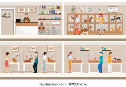 Modern pet shop with cages of animal, animal health care conceptual vector illustration.