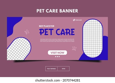 modern pet shop horizontal lbanner, Pet care social media post Template or web banner template with space for a photo. Pet care service promotional banner ads design