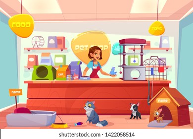 Modern pet shop interior cartoon vector concept. Happy smiling female salesperson in apron, standing behind counter with goods, holding parrot on hand, cats and dogs playing toys on floor illustration