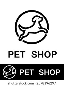 A modern pet shop logo featuring a leaping dog within a circular frame