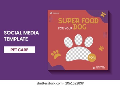 plantilla moderna de publicación de tienda de mascotas, plantilla de publicación de redes sociales de cuidado de mascotas o plantilla de banner web con espacio para foto. Diseño de anuncios publicitarios promocionales de servicios de cuidado de mascotas